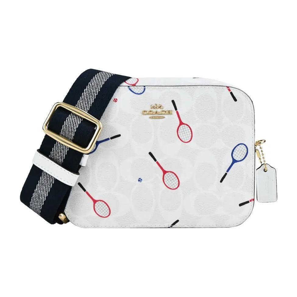 

Coach Camera 18 Racket Print Adjustable Shoulder Strap Double Slot Zipper Closure Leather Camera Bag Women Shoulder Bag White C8374-IMCAH Basic Set (Bag+Dust Bag)