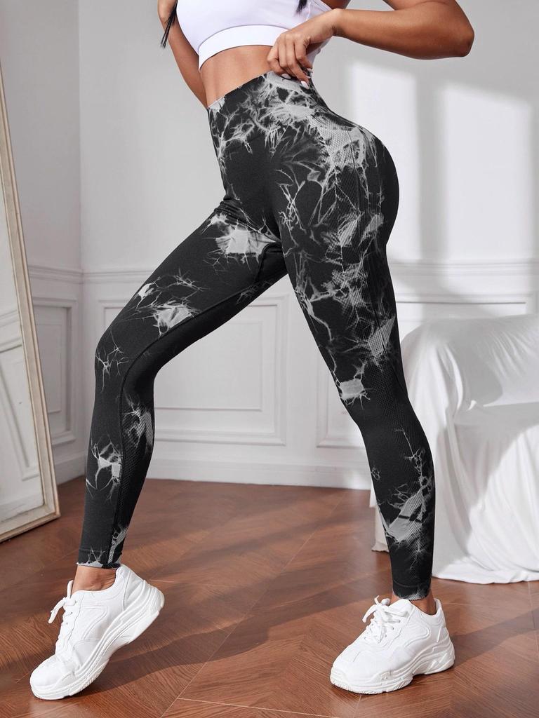 Högmidjade tie-dye yogabyxor - Andningsbara, snabbtorkande, sexiga fitnesstights