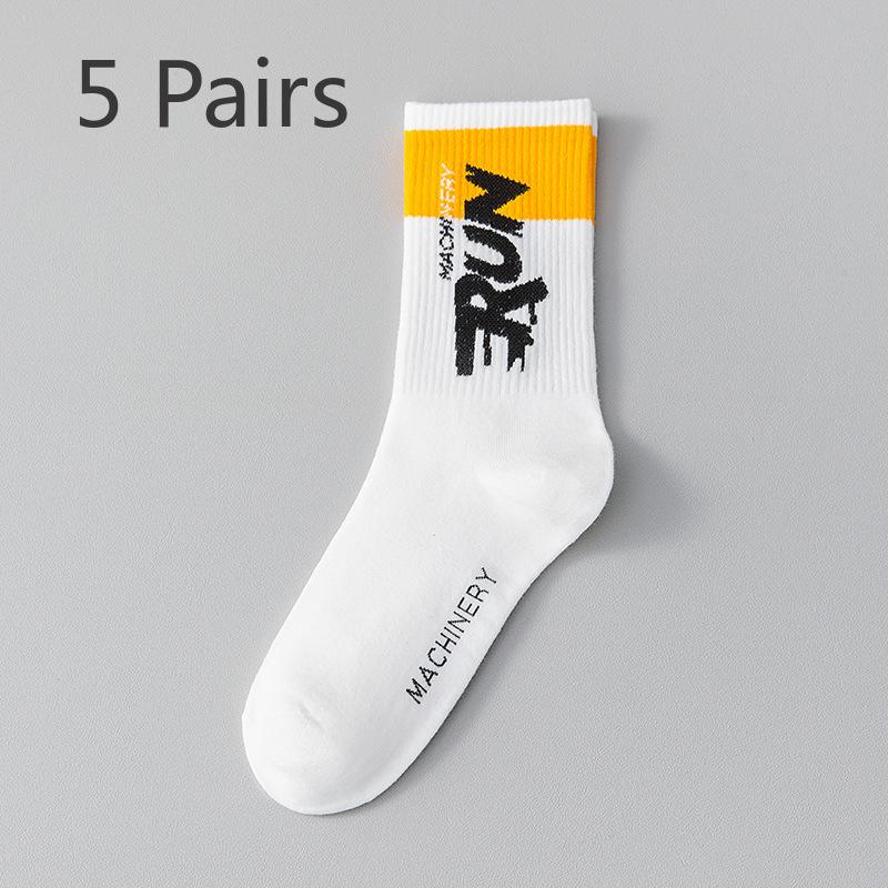 5 Paar Herren Herbstmode Buchstabe Reine Baumwolle Schweißabsorbierend und Rutschfest Basketball Lange Socken