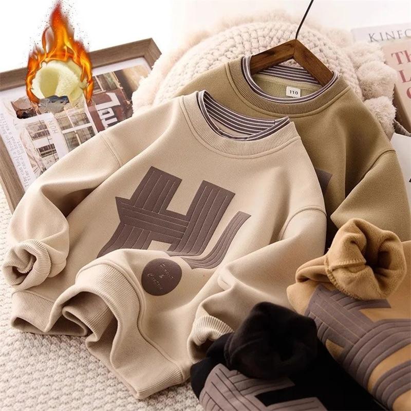 Felpa per bambini, in pile, calda, senza cappuccio, con stampa a lettere, abbigliamento per bambini, adolescenti, casual, primaverili
