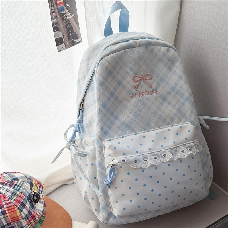 Cute Gingham Polka Dot School Backpack with Bow Detail Lace Trim Lightweight Zipper Daypack for Teen Girls Travel