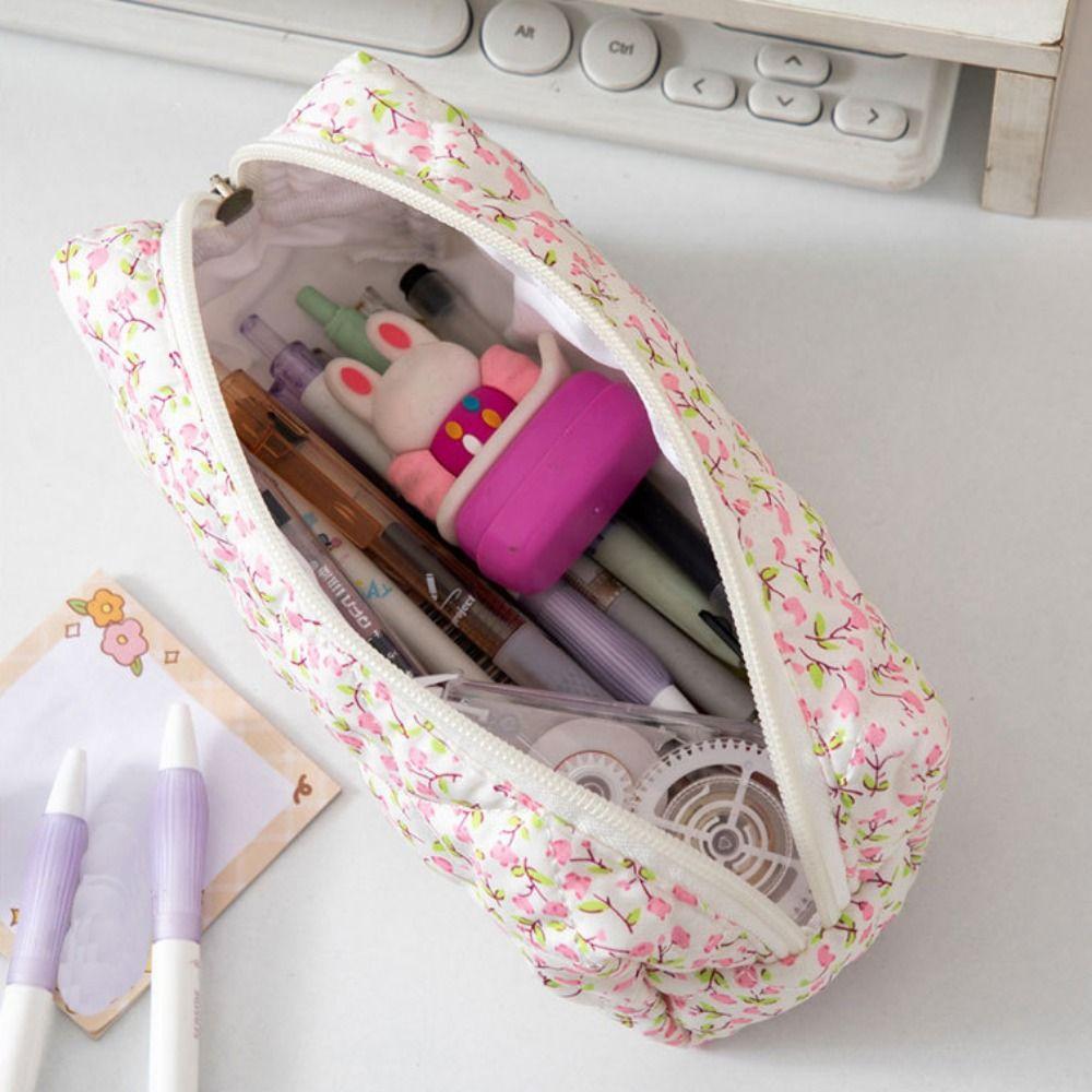 Floral Design Pencil Case Polyester Stationery Organizer Floral Quilted Pen Bag Students Gift