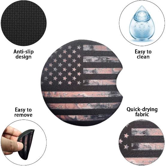 Osilly Car Coasters for Drinks, 2PCS Absorbent Camo America US Flag Cup Holders for Women and Men, 2.75 Inch Removable Cup Holder Insert Coaster, Car