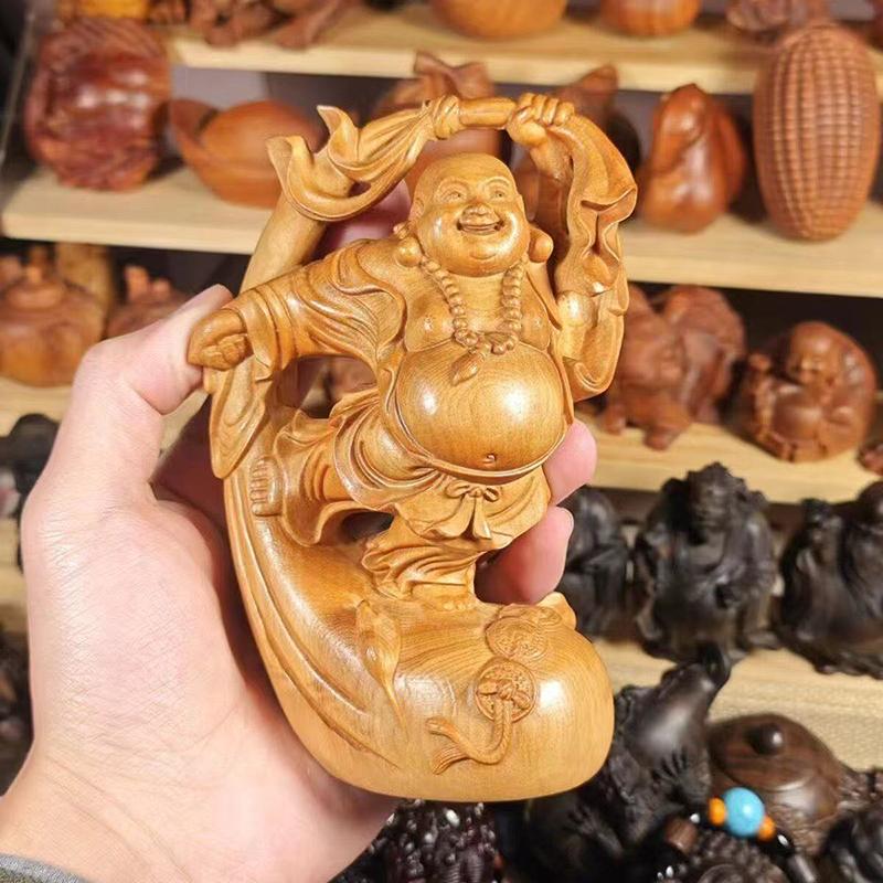 Natural Cypress Joyful Maitreya Buddha Figure Decoration Statue-Distinctive WoodCarving Suitable for Home Room Office Decorative