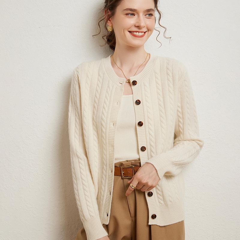 Women's Seven-Stitch Cable Knit Cashmere Cardigan - Long Sleeve, Loose Fit, Slimming, Warm, Round Neck, Single-Breasted
