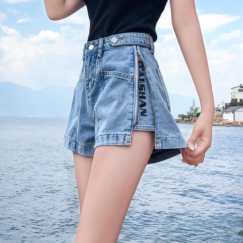 Summer Ladies Shorts Jeans Women's Denim Shorts Fashion Vintage High Waist Blue Wide Leg Female Side Zipper Caual Short