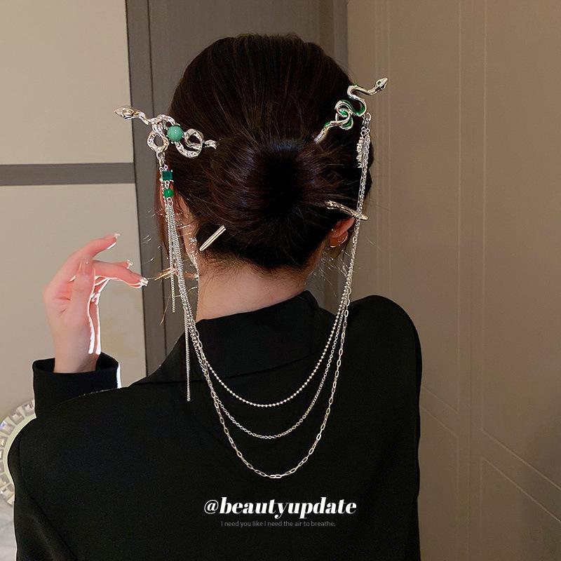 Double Hairpin Can Be Split Serpentine Fringed Hairpin New Chinese Ball Head Disc Hair Fringed Hairpin Light Luxury Temperament Hair Accessories Women