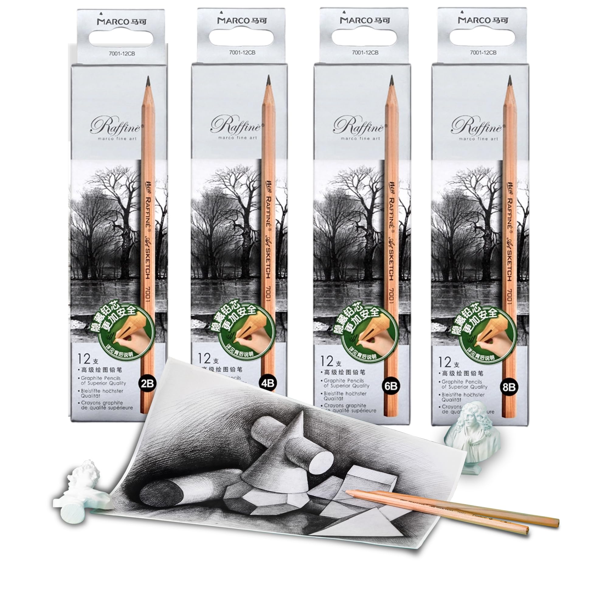 

Marco 7001 Деревянные карандаши Карандаши для рисования Профессиональные карандаши для эскизов Деревянные карандаши Шестигранный корпус 48 карандашей (7001-2B, 4B, 6B, 8B, (4 коробки)) чёрный