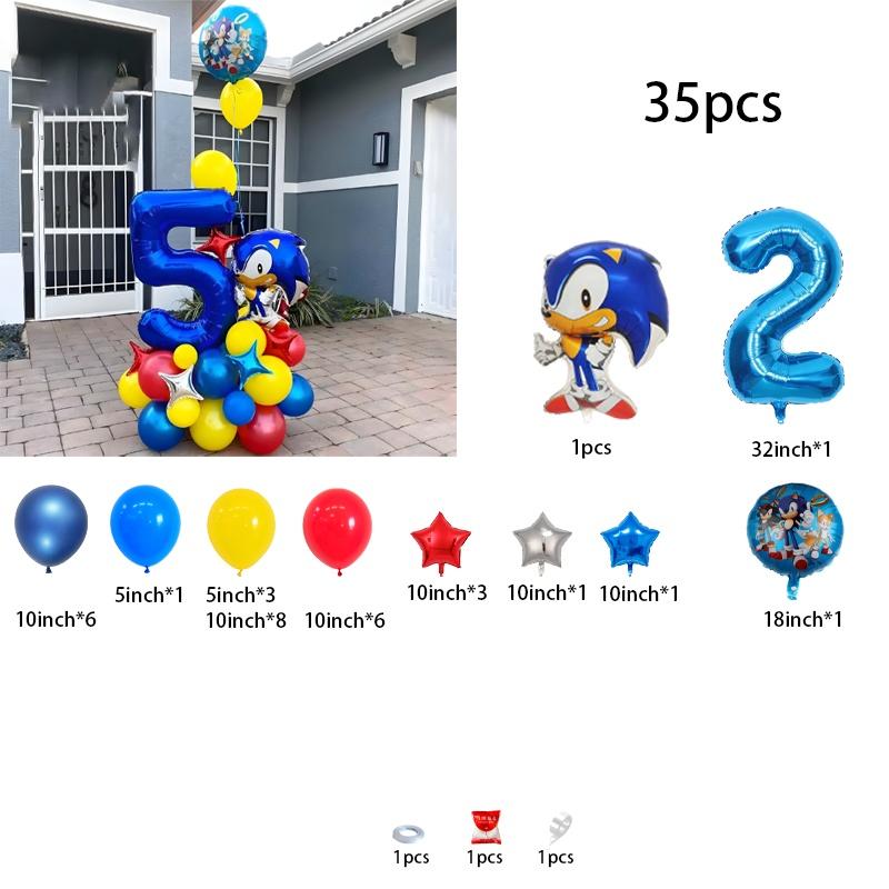 35-Piece Sonic the Hedgehog Cartoon Character Boys’ Balloon Kit – Number Combo Foil Balloons for Birthday Party, Baby Gift
