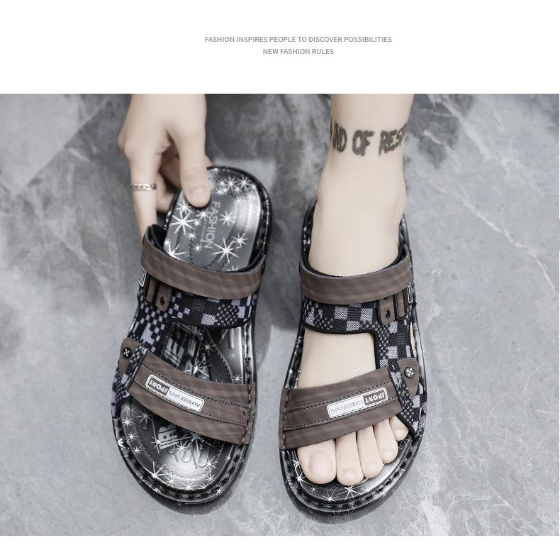Men's Beach Sandals Fashion Plaid Breathable Casual Shoes Slip-On Summer New Youth Slipper for Men Two Threading Methods