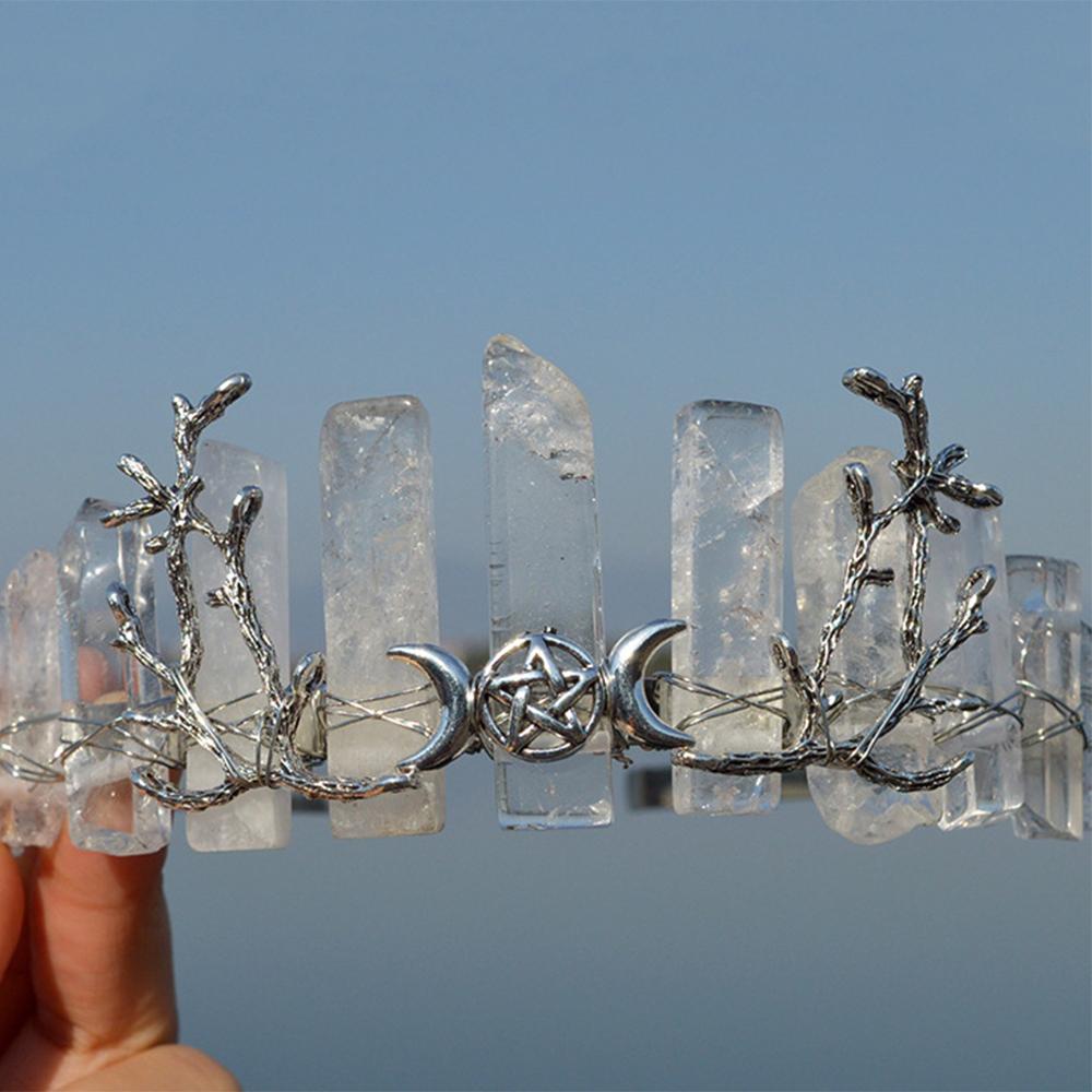 High Quality Witch Crown Silver Color Moon Star Hair Accessories Handmade Headband Crystal Quartz Tiara Jewelry Gifts