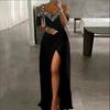 Women's Off Shoulder Rhinestone Decor V Neck High Slit Bodycon Maxi Evening Party Dress