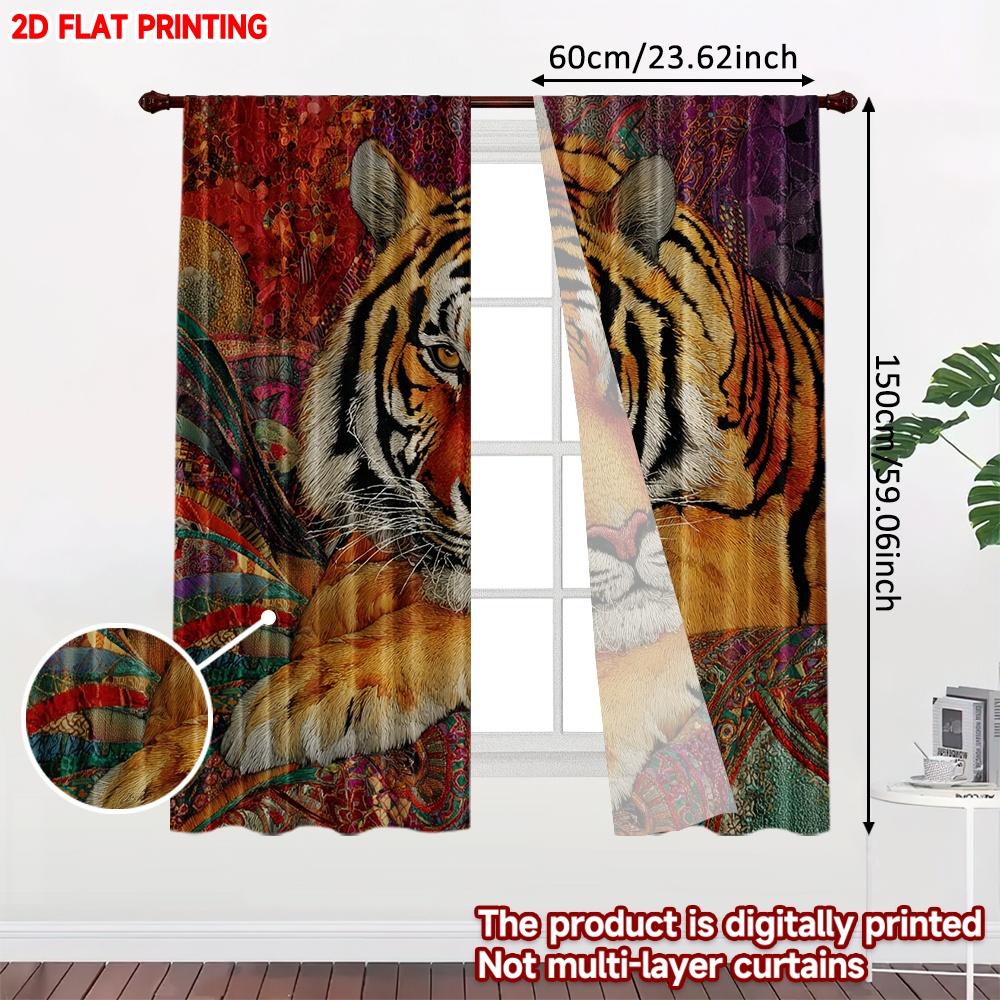 Artistic Tiger Pattern Curtains Digital Printing Realistic Orange Black Stripes Background Bold Living Room Decor Set Of 2 Made Polyester Area