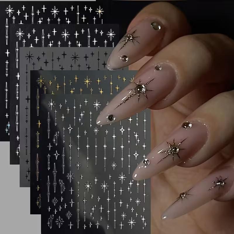 3D Star Nail Art Stickers Decals Self-Adhesive Metal Silver DIY Nail Stickers Decoration Decals Manicure Accessories
