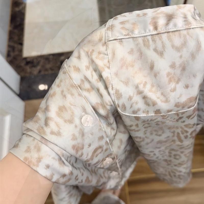 [Korean Leopard Print Three-piece Set] Summer New Ice Silk Pajamas Women's Satin Leopard Print Short-sleeved High-end Loungewear