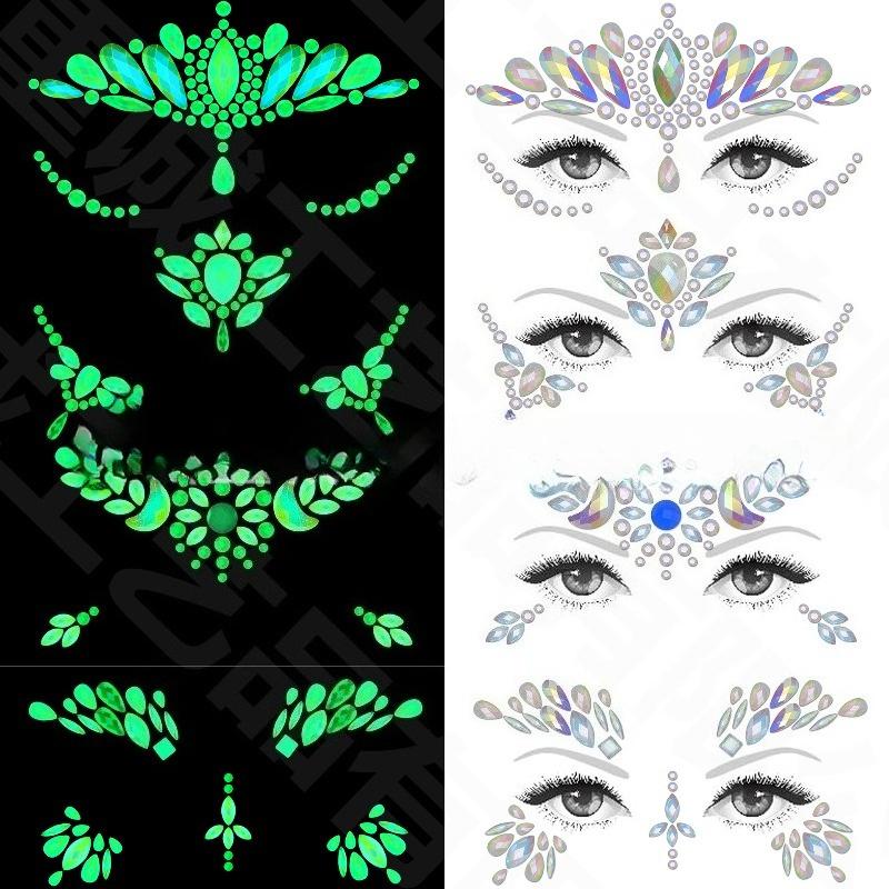 New Diamond Face Stickers Luminous European and American Halloween Face Tattoo Stickers Explosive Eye Stickers Eyebrow Stickers 4 Combinations