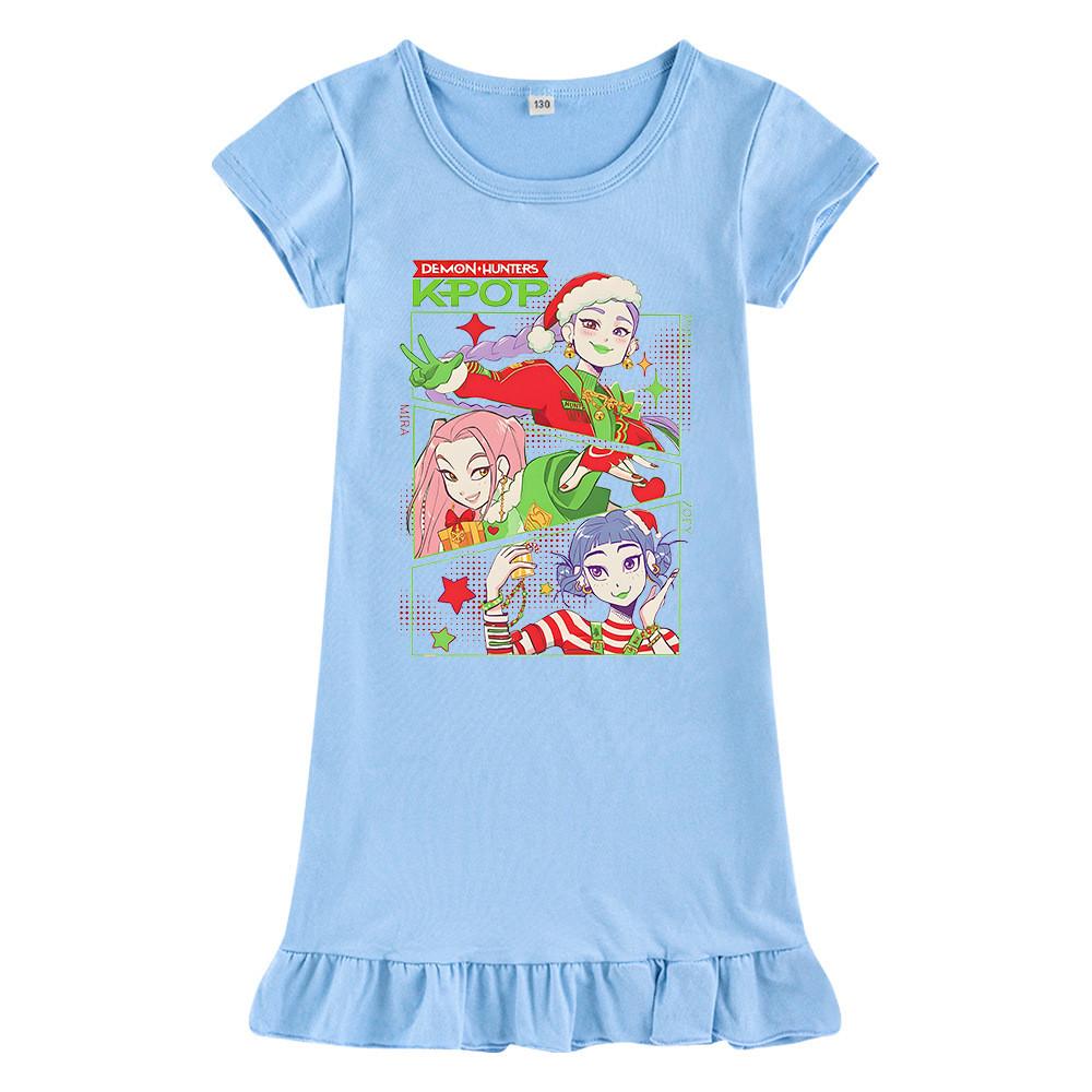 M1263 Kids Girls Christmas New Year Kpop Rumi Zoey Mira Print Short Sleeves Ruffle Dress