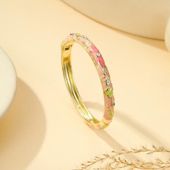 New Chinese Ethnic Floral Leaf Rhinestone Gold Tone Embossed Enamel Open Spring Hinge Bangles for Women Vintage Layering Jewelry