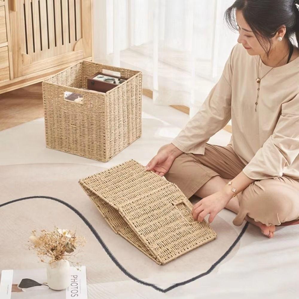 Hand Woven Foldable Storage Box Large Capacity Woven Storage Bin Imitation Rattan Basket Closet