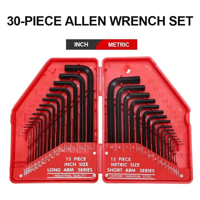 30 Pcs Allen Wrench Set Long Arm Hex Key Allen Wrench 0.028"- 3/8" Inch & 0.7mm-10mm Metric Size Chromium-vanadium Steel Spanner