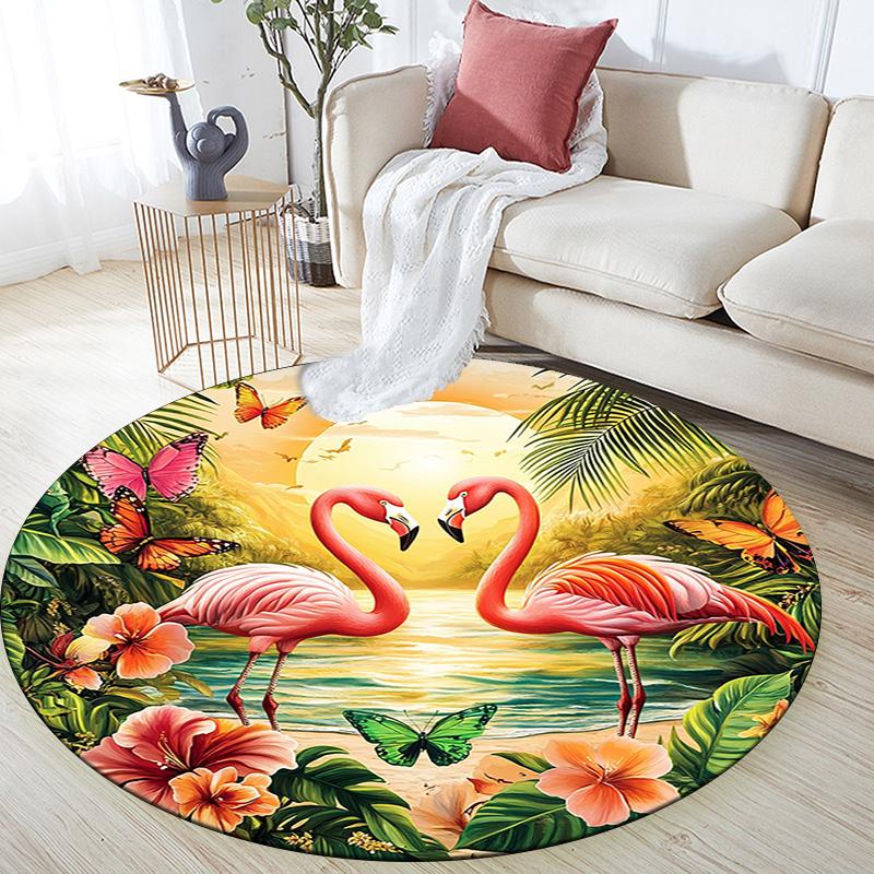 Flamingos Sunset Beach Round Area Rug,Carpet Rug for Living Room Bedroom Sofa Playroom Decor,Non-slip Floor Mat