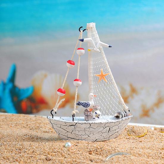 Mini Sailboat Model Nautical Resin Sailing Boat Decoration with Shell Starfish Rustic Vintage Beach Ocean Theme Ship Ornament for Home Office Bedroom