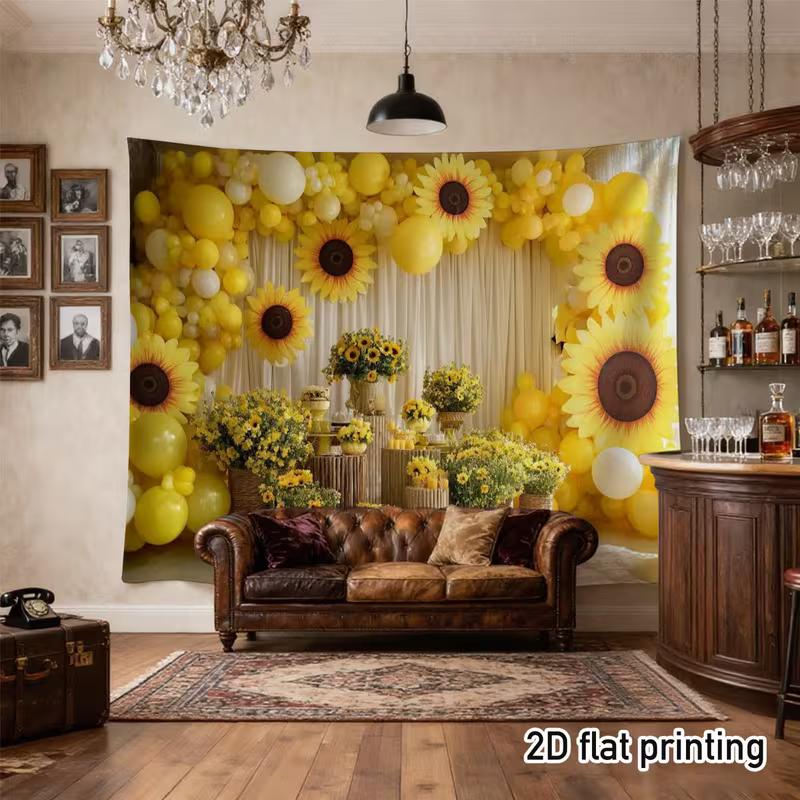 2D Printed Backdrop with Sunflowers, Yellow Balloons and Party Table Decor