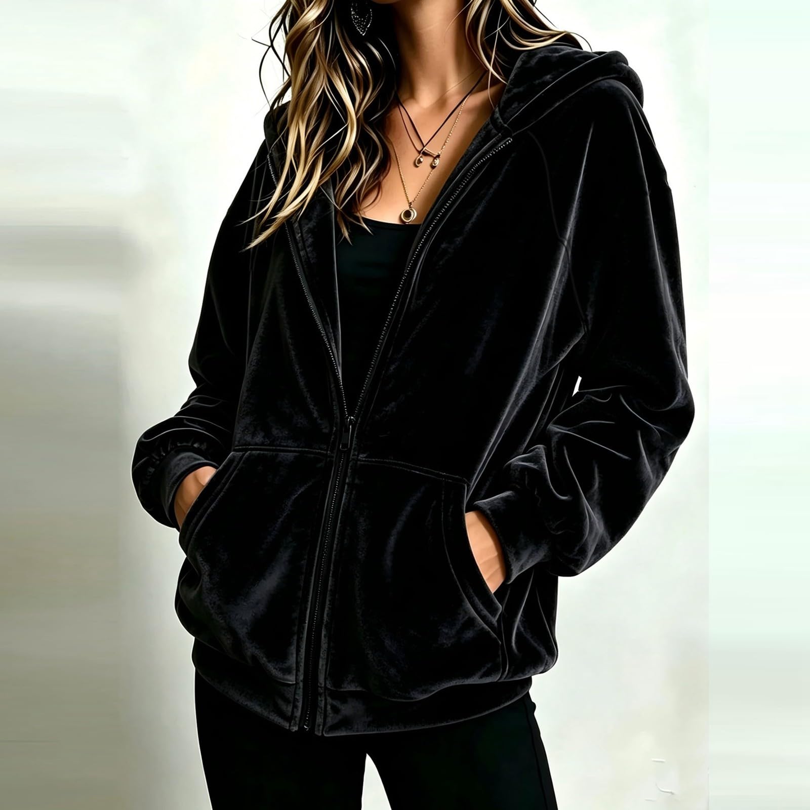 Women s Casual Zip-Up Hoodie,   Loose Fit,   Color,   Long Sleeve L чёрный