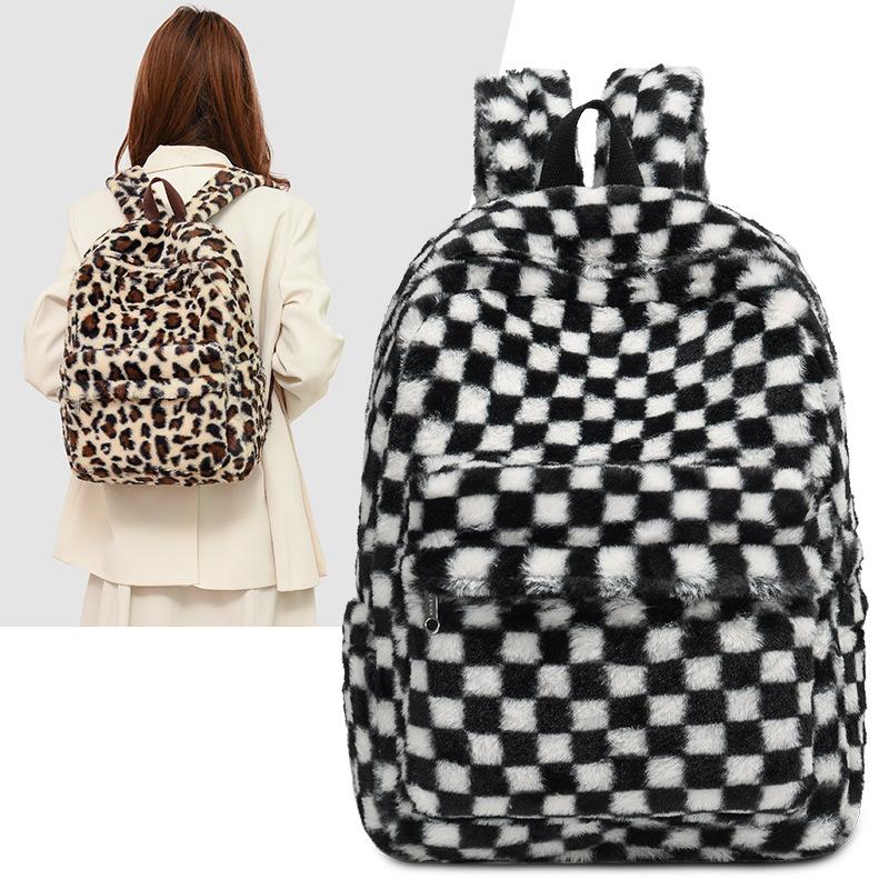 Schoolbag niche design plush backpack women's 1011 new plaid college style shopping backpack student schoolbag