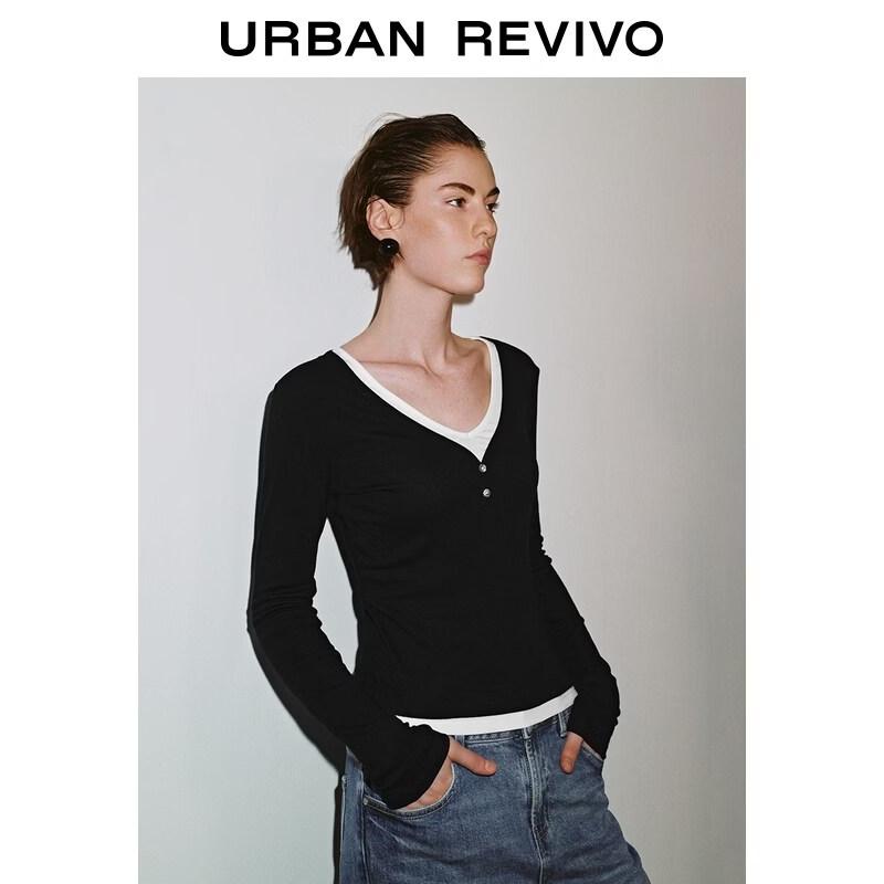 UR2026 Women's Color-block V-neck Faux Two-piece T-shirt