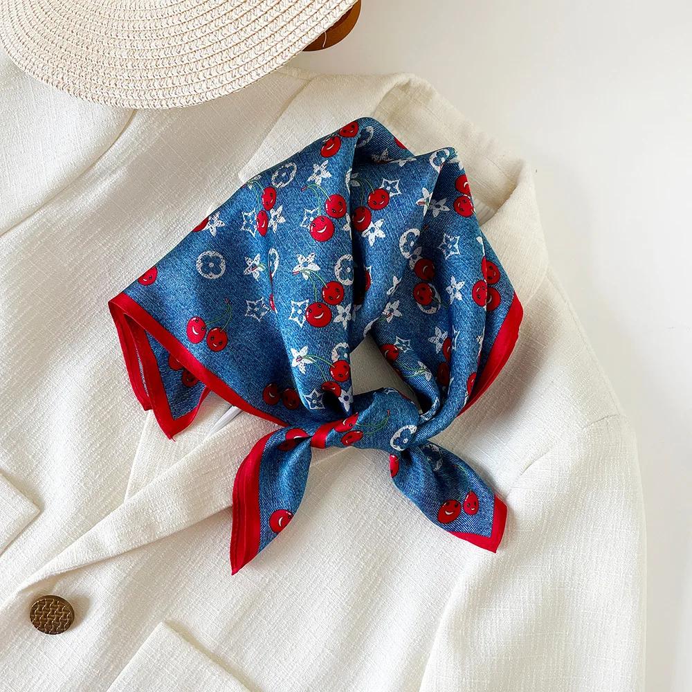 3 однотонных сатиновых шарфа-крепа шелковых высококачественных универсальных маленький квадратный шарф с вишнями летний литературный маленький шелковый шарф квадратный шарф женский 53x53cm