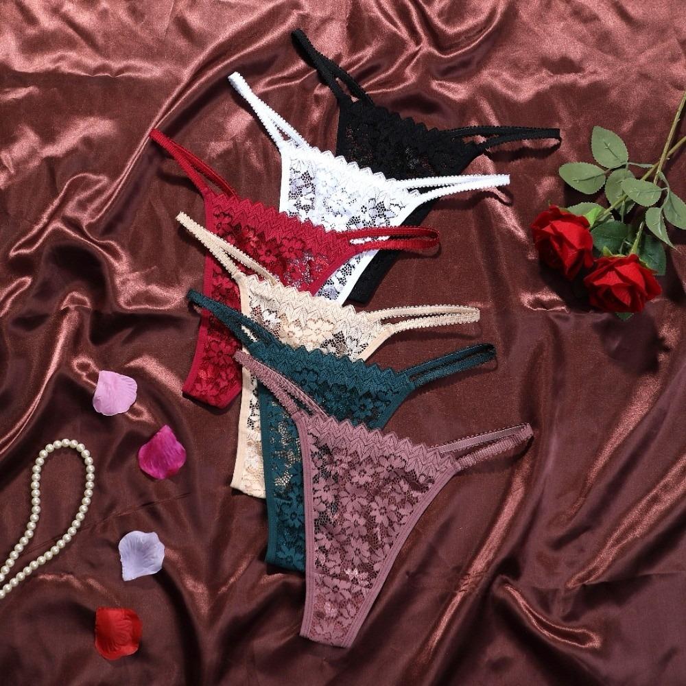 Low Waist Lace Flower Briefs Mesh T-Back Panties Comfortable Lace Thong Women  Daily Wear