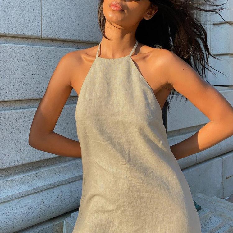 Women's Solid Color Linen Halter Neck Tie Backless Mini Dress Sexy A Line Dress Summer Casual Party Dress