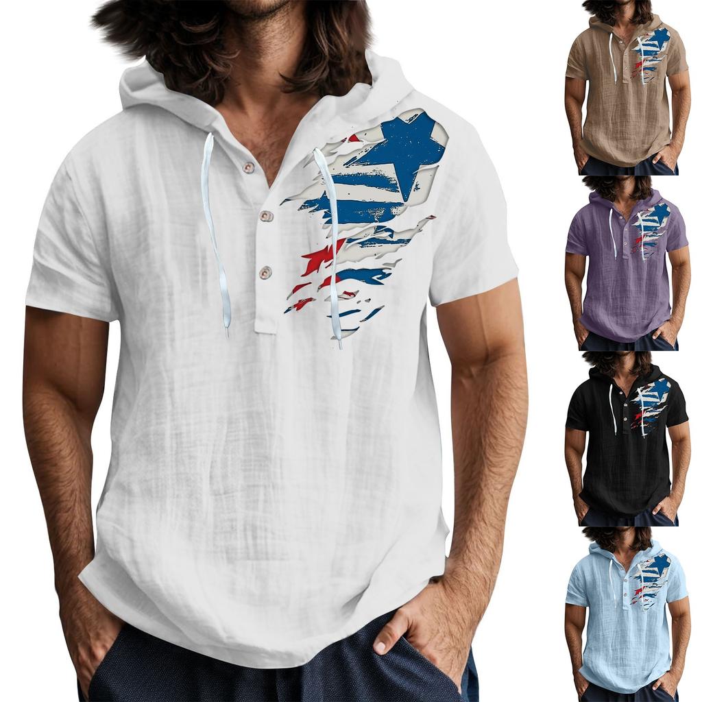 Pánské ležérní tričko s krátkým rukávem a kapucí, s rozhalenkou na knoflíky