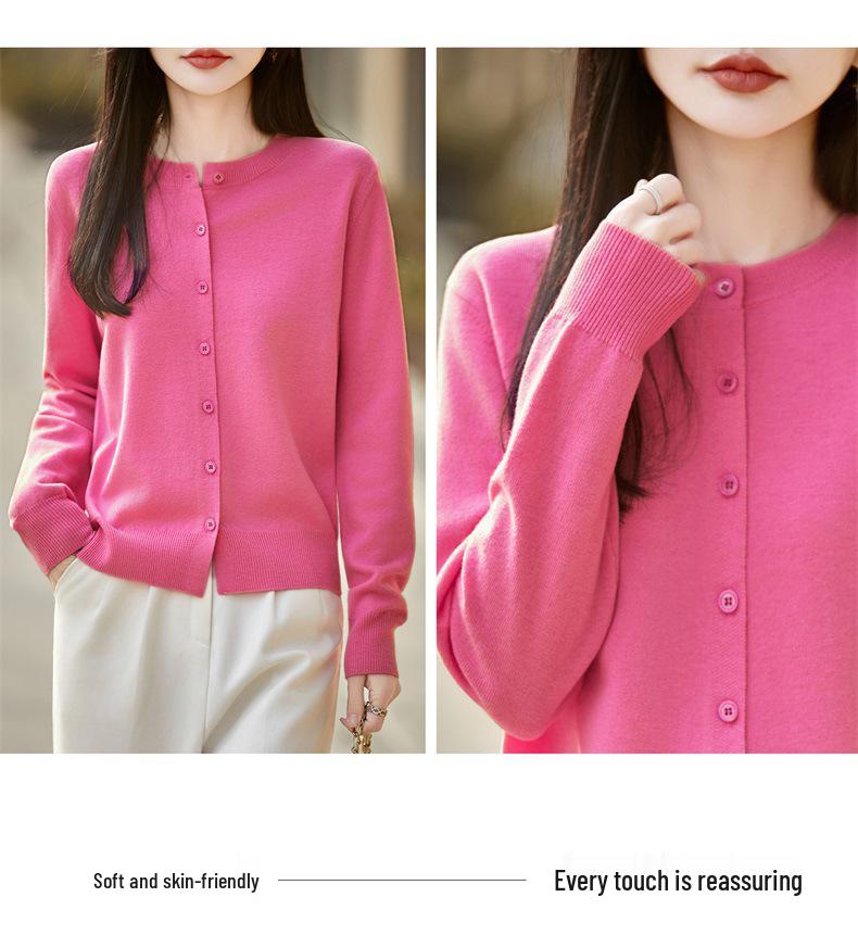 36-Count Fine Spun 100% Wool Machine Washable Round Neck Cardigan - Simple Style, Solid Color, Lightweight Knit for Spring