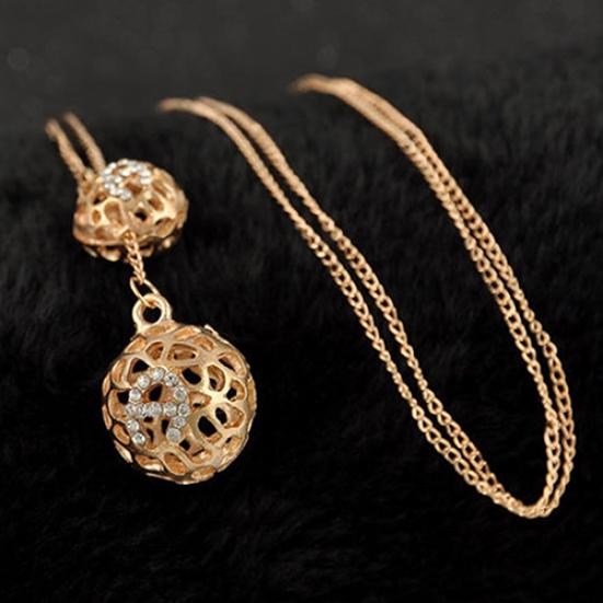 Women Crystal Lucky Double Hollow Balls Pendants Sweater Long Chain Necklace