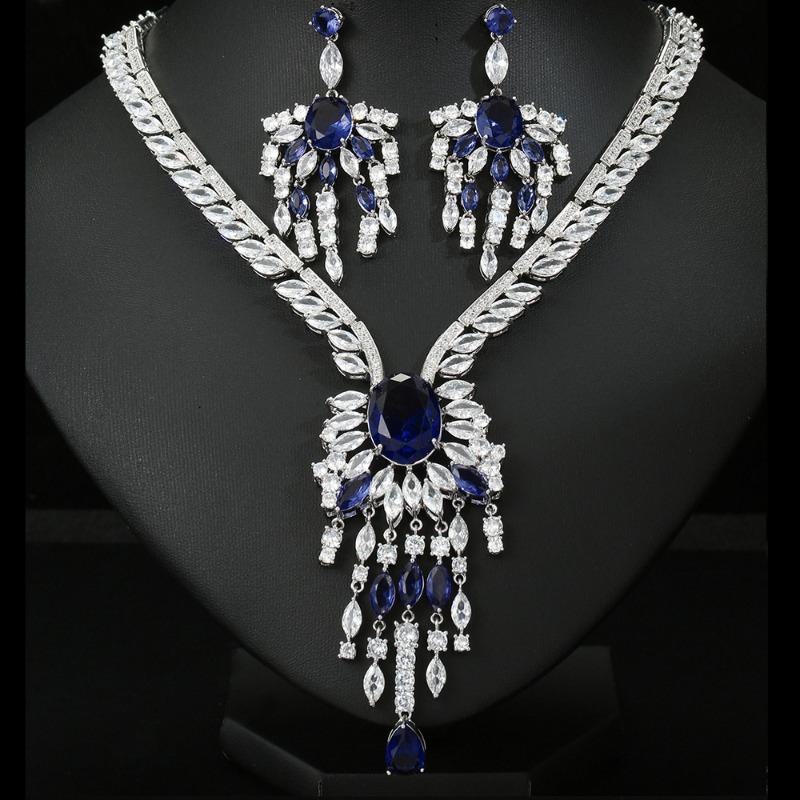 Premium Luxury Bridal Zircon Necklace Earrings Set Tassel Gala Wedding Dress Accessories Women