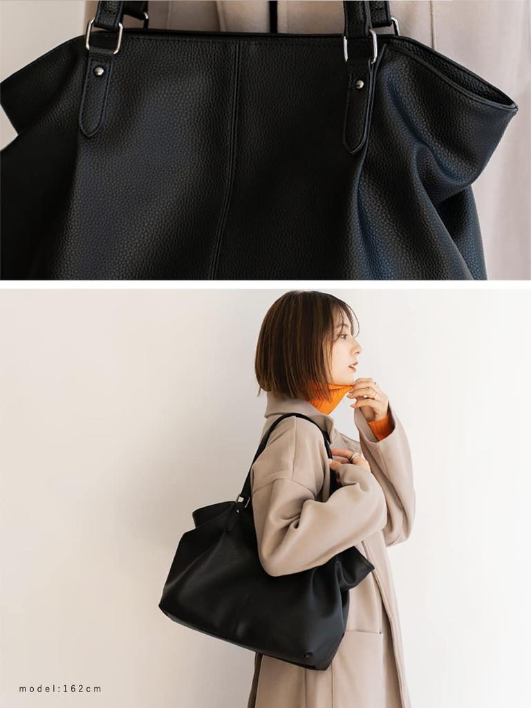 VITAFELICE Women's 3-Room Side Tuck Tote Bag (inb-10037p) (Black)