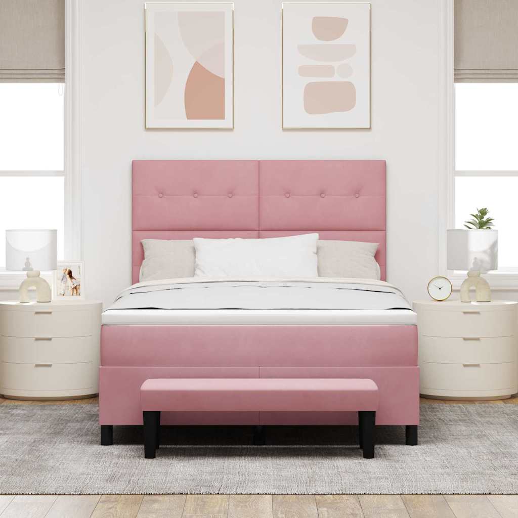 Pink Velvet Box Spring Bed with Pillows and Headboard 190 x 140 cm
