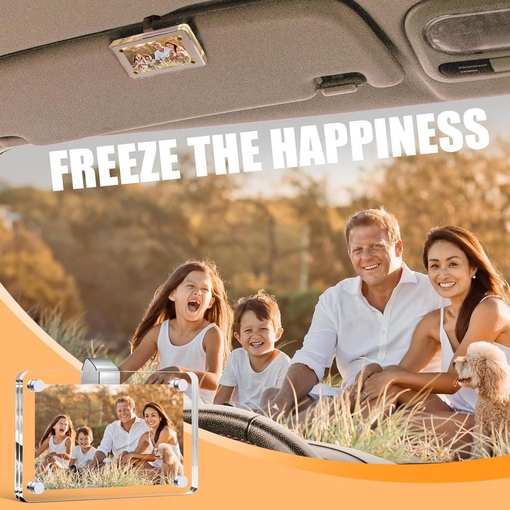 Betus 2 Pack Car Picture Holder, 2.4 x 3.5 Inch Acrylic Magnetic Photo Frame Fits 3'' Photos with Nano Adhesive Clip, Sun Visor Photo Holder for