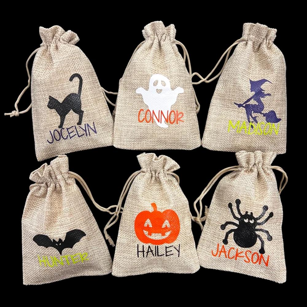 Custom 6Pcs Halloween Treat Bags Halloween Burlap Drawstring Goodie Bags Trick or Treat Sack Halloween Party Decor Kids Favors