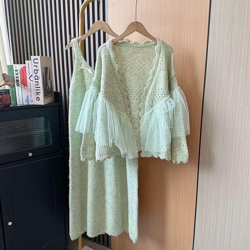 Шикарный женский комплект из двух предметов: платье-майка с сетчатыми вставками и вязаный кардиган M (95-105 jin)