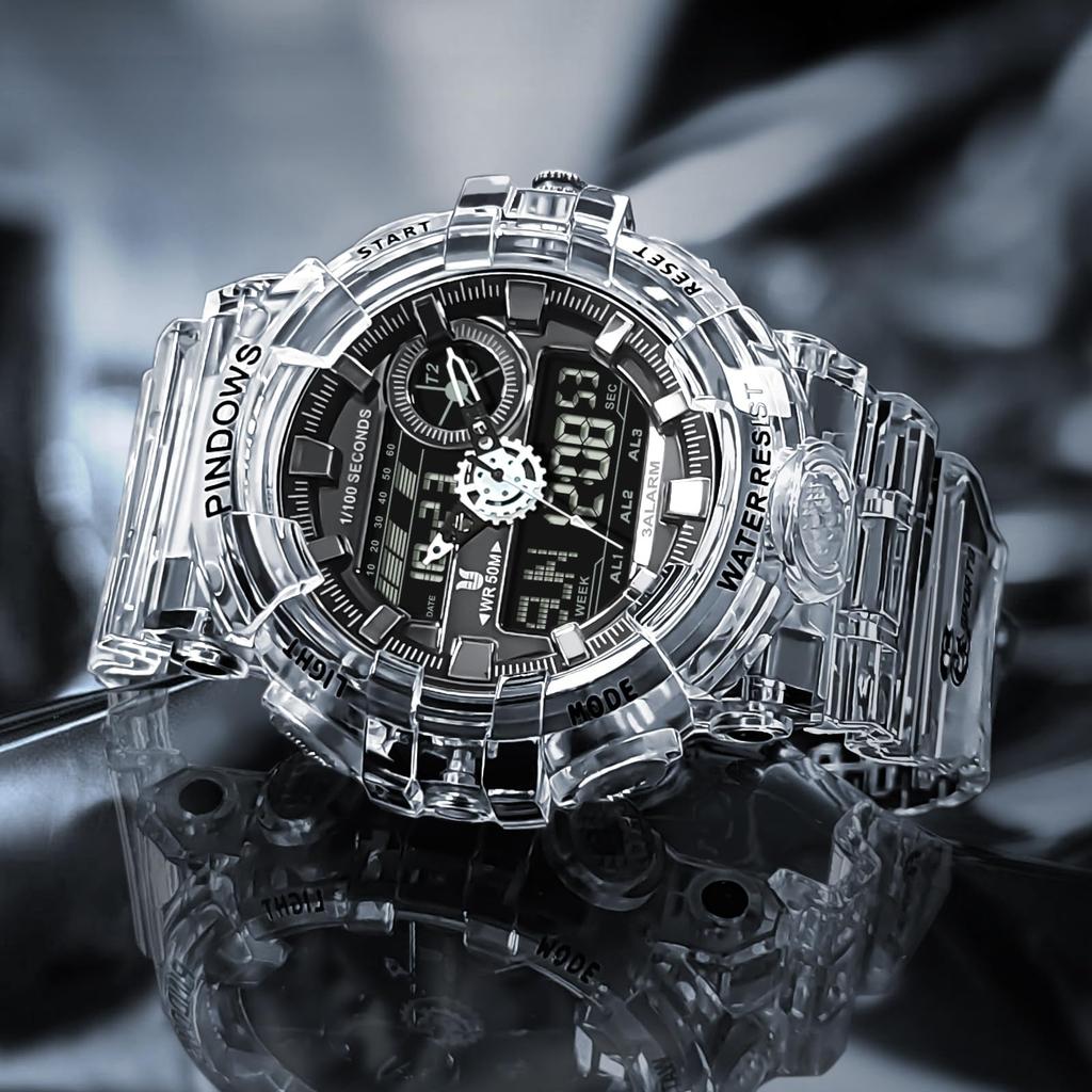 PINDOWS Transparent Gold Dual 50m Water LED Alarm and Perfect for Outdoor and Everyday Wear Men's Watch, Analog-Digital Time, Resistant, Backlight,