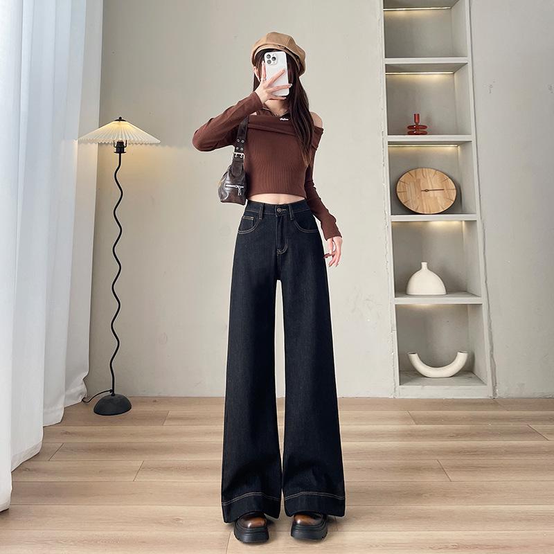 

Women s High-Waisted Black & Gold Micro-Flare Jeans: Stylish, Slimming, Fleece-Lined, Floor-Length Pants for Autumn/Winter. Extra Small