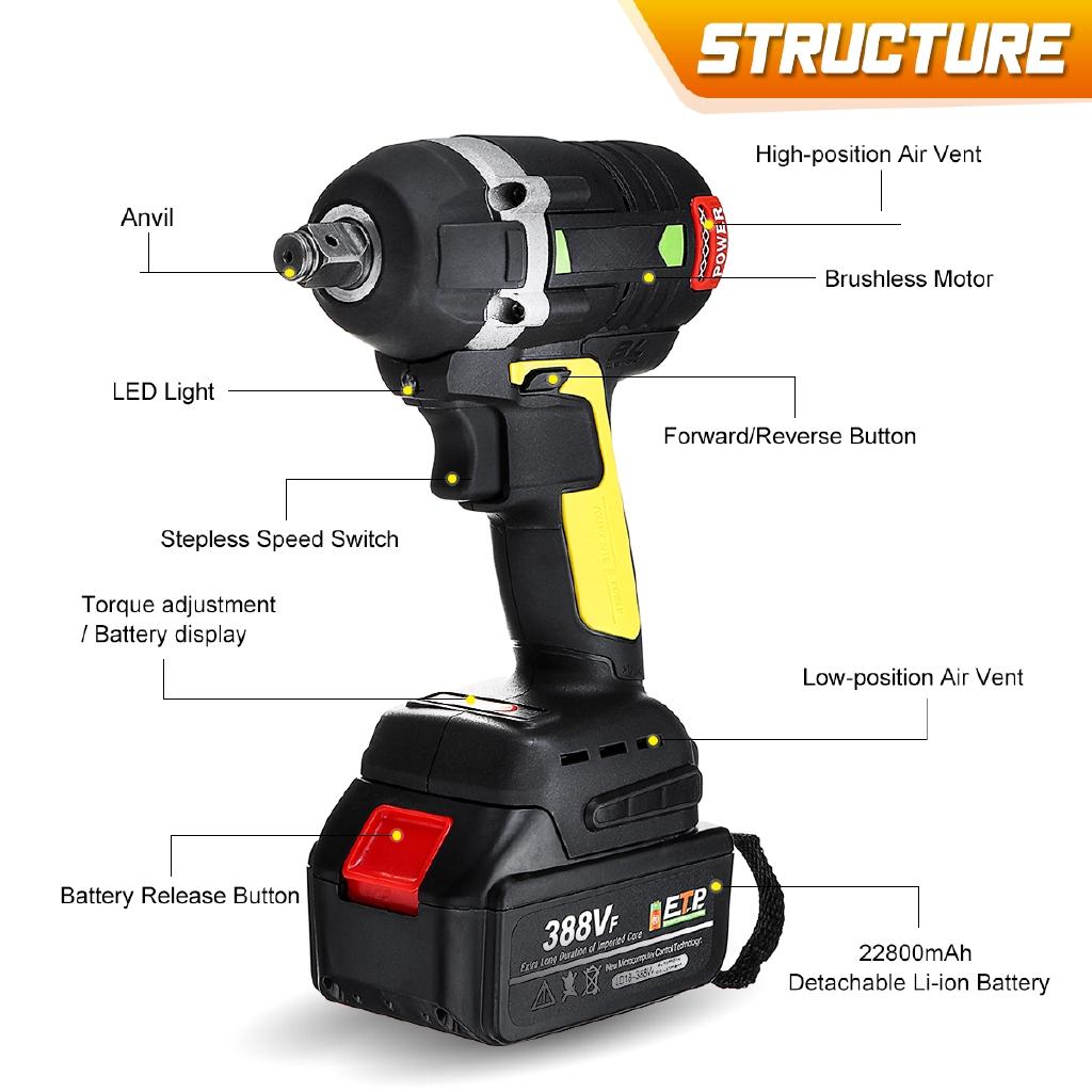 388VF 630N.m Cordless Electric Brushless Wrench Rechargeable 19800mAh Li Battery Torque Guns LED light Socket Wrench Tools