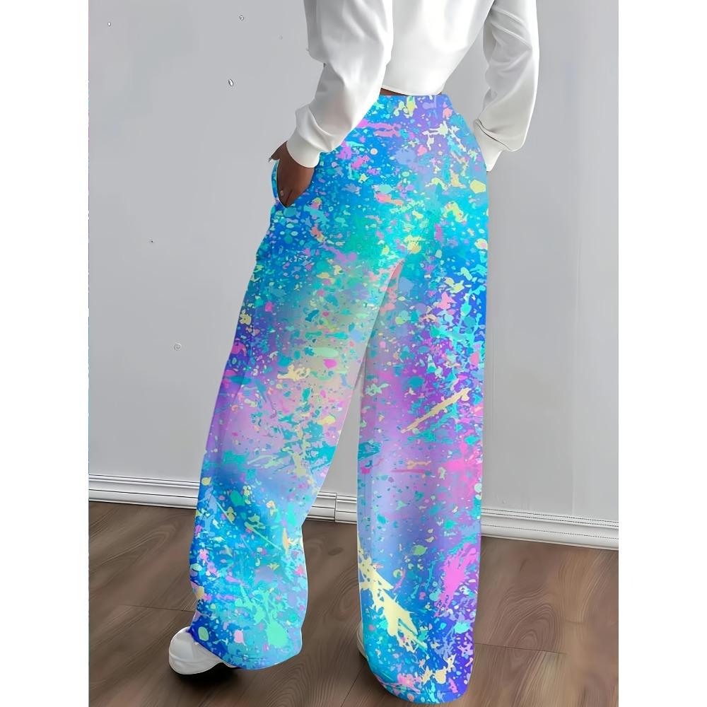 Ladies casual loungewear with multi-color tie-dye print and wide-leg design