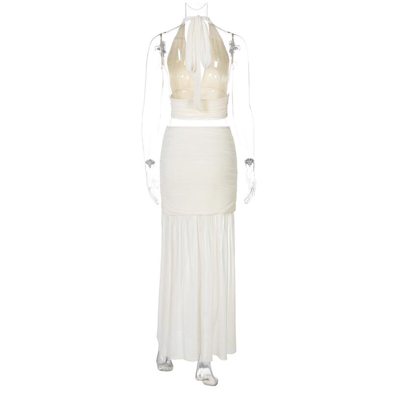 2025 Summer Elegant 2 Piece Set Women Sexy Mesh Lace-Up Backless Cropped Top and Pleated Split Skirt Streetwear Casual Suits