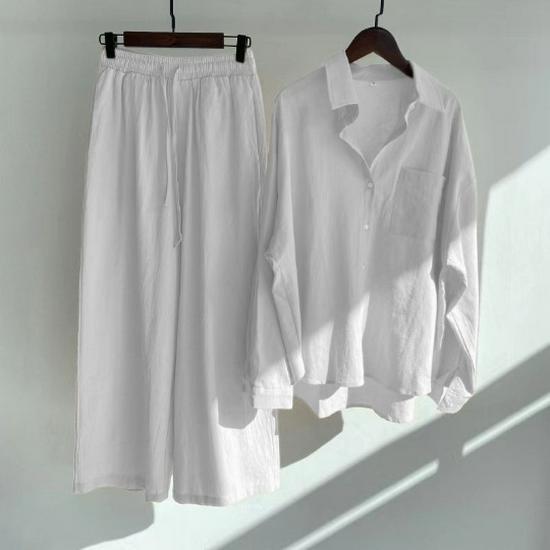 Women's Retro Plus Size Cotton Linen 2-Piece Set: High Waist Loose Pants and Shirt for 2024.