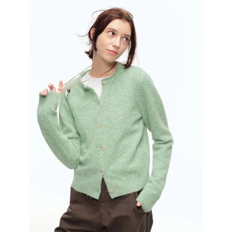 New Retro Curly Edge Round Neck Slim Wool Knitted Cardigan Sweater for Women with Casual Loose Versatile Top