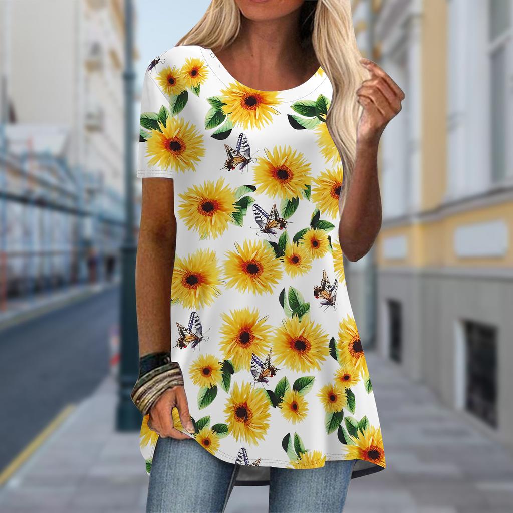 Plus Size Women SpringBlue Chrysanthemum Printed Comfy Short Sleeve Round Collar T-shirt Casual Baggy Mid Length Tee Tops